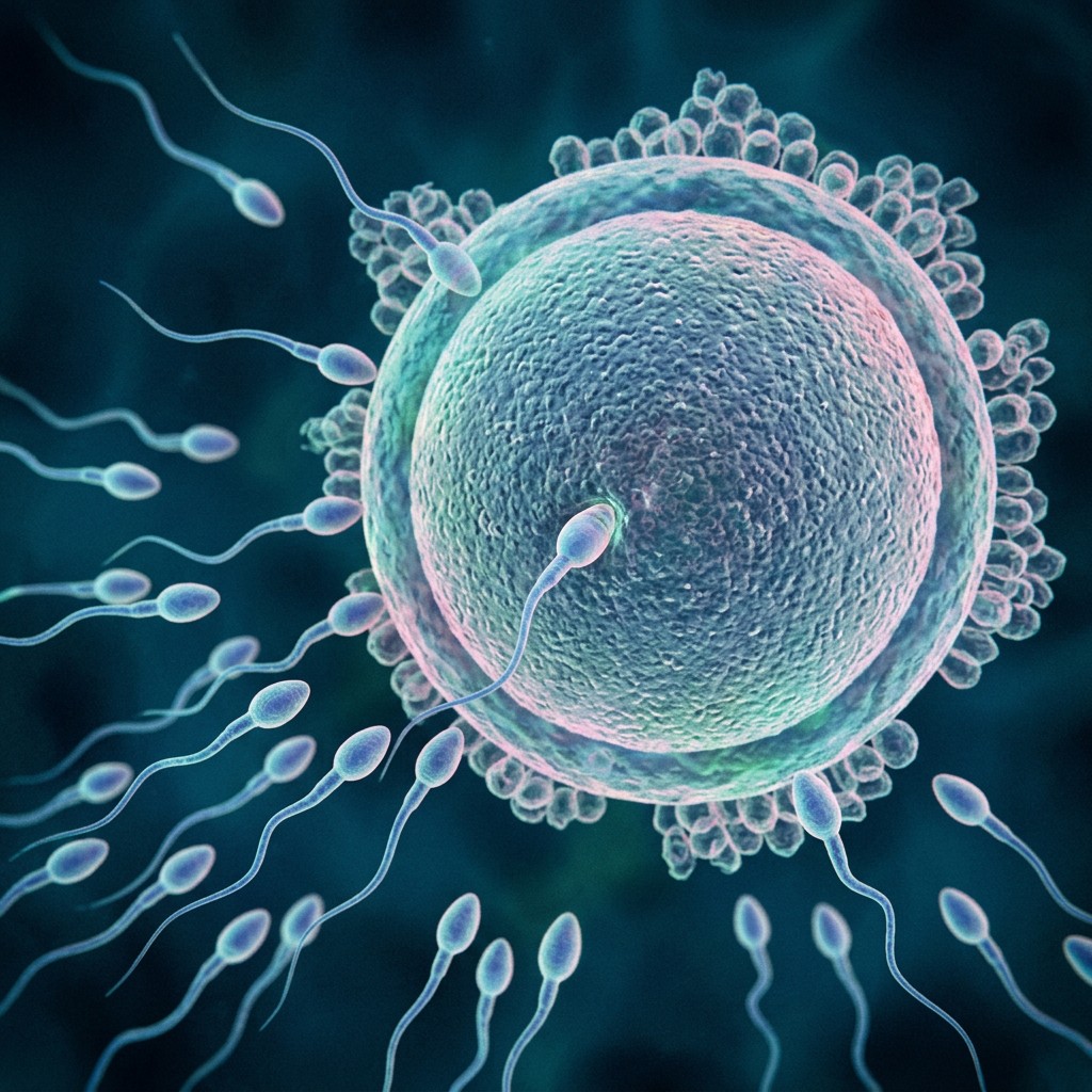Sperm cells surrounding a human egg cell during fertilization